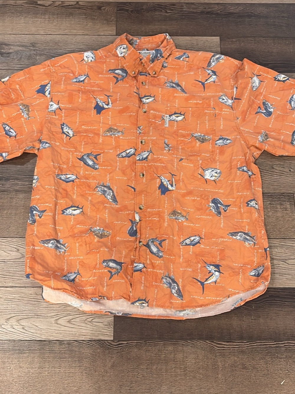 Men's Orange Short-Sleeve Button-Up Shirt with Fish Print